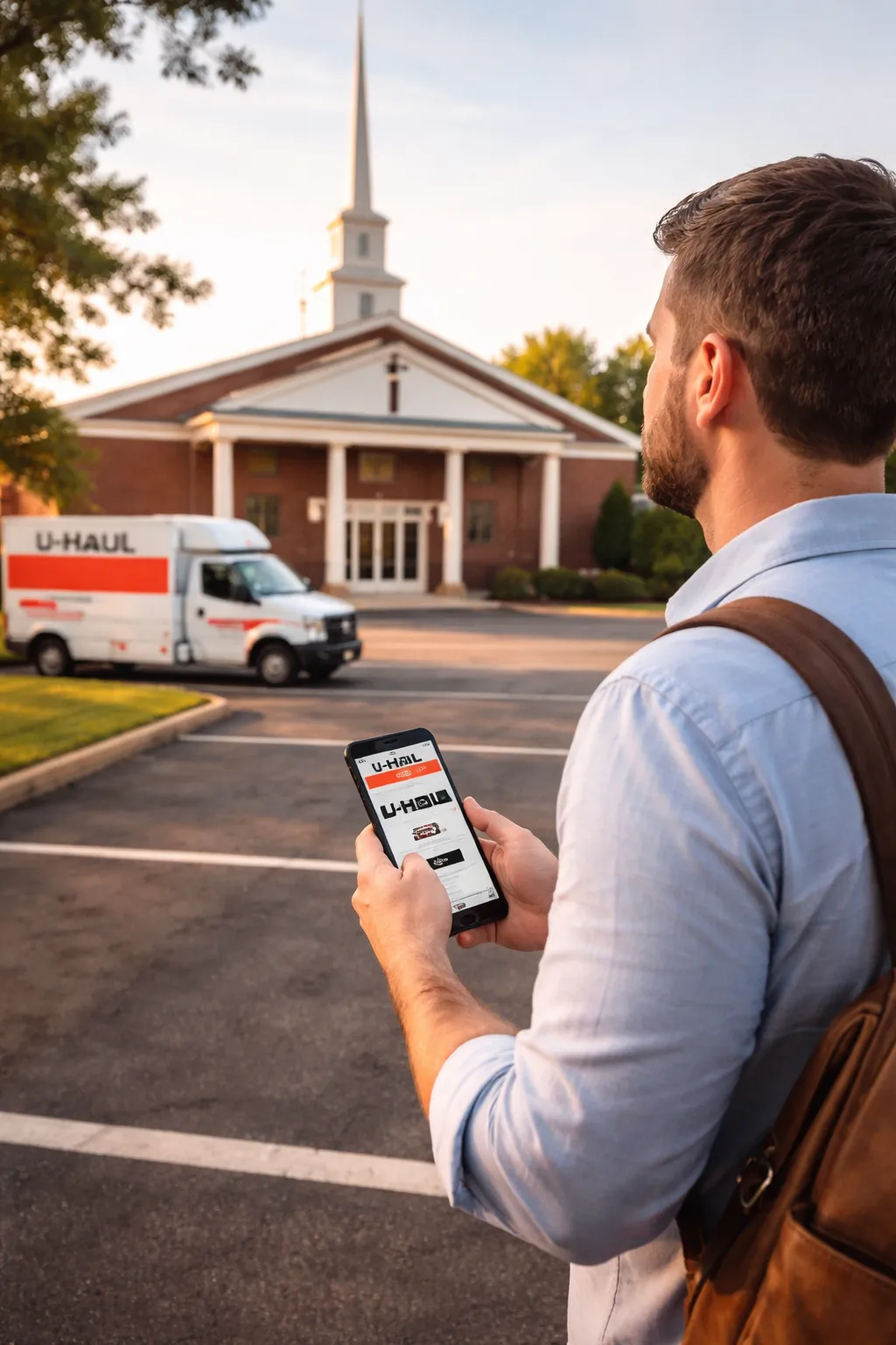 A minister looking at a church while booking a moving truck on a phone