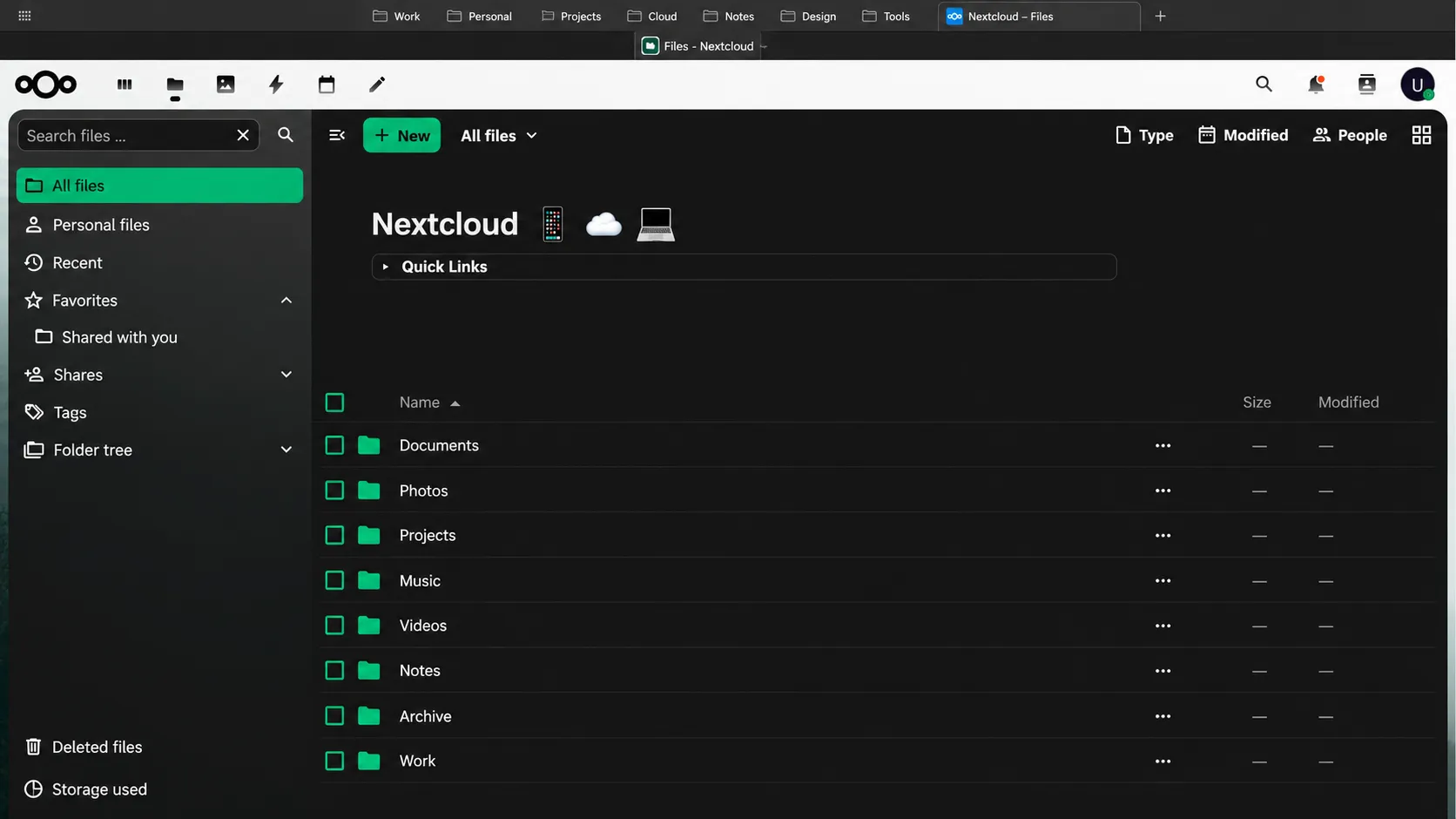 Nextcloud files interface showing generic sample folders.