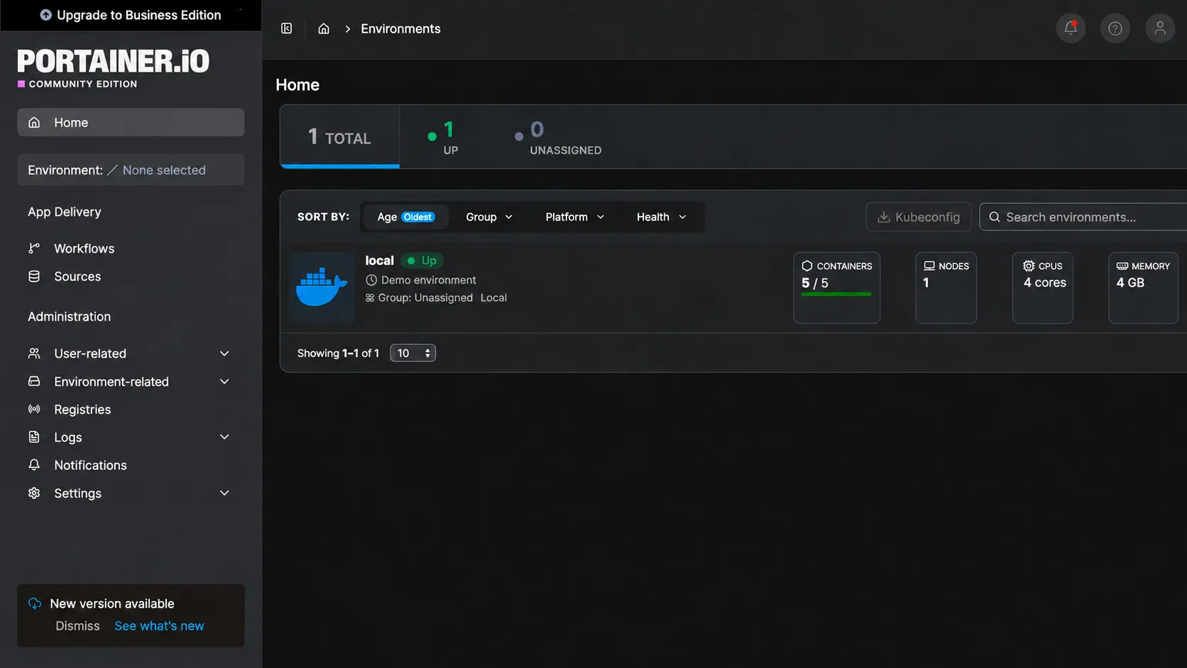 Portainer environment dashboard with sample server details.