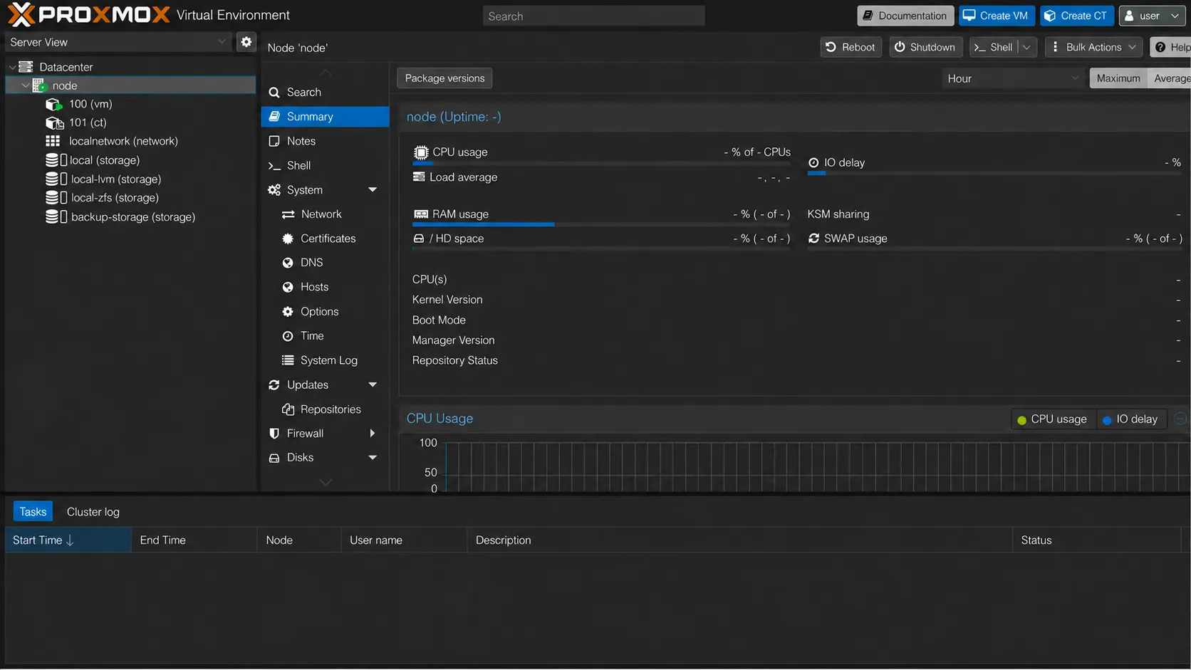 Proxmox Virtual Environment dashboard showing a homelab server and its virtual machines